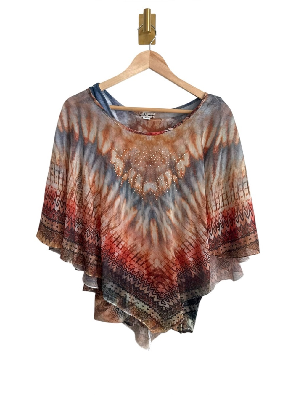 World Unity Boho Poncho Top 2-in-1 Tank Chiffon Overlay Rhinestone Women's L